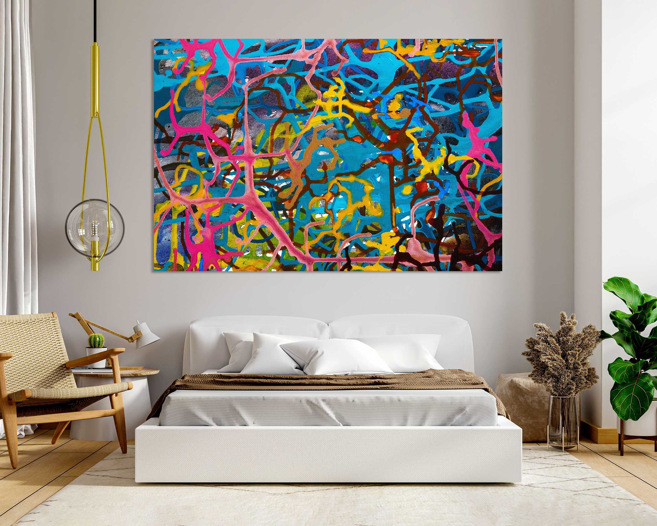 キャンバスに描かれた抽象的なアクリル画、カラフルな水しぶき