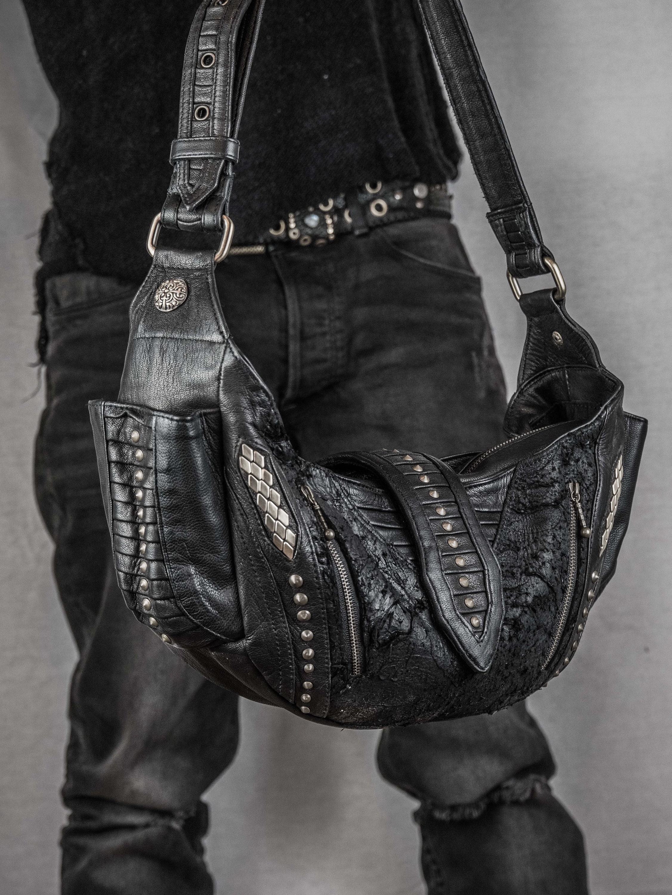 Durable Studded Leather Hobo Bag | Witch Goth Purse | Grunge off