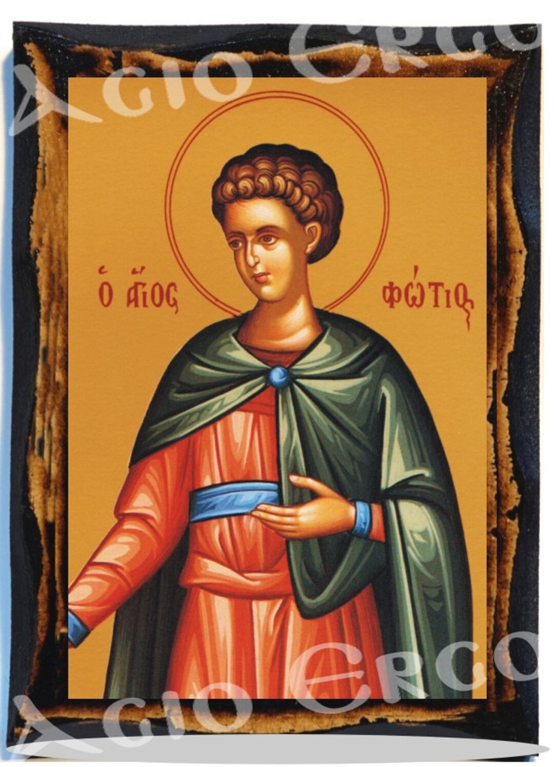 聖フォティオスのイコン - ビザンチン美術 - 手作りの木製額縁に描かれ