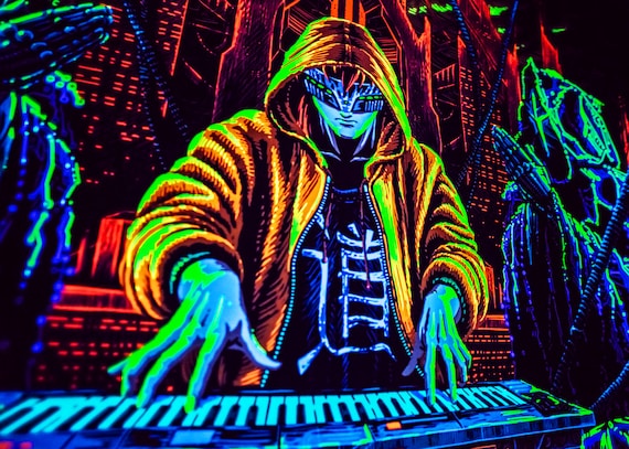 サイバーパンク タペストリー、背景ネオン紫外線アート、ポスト