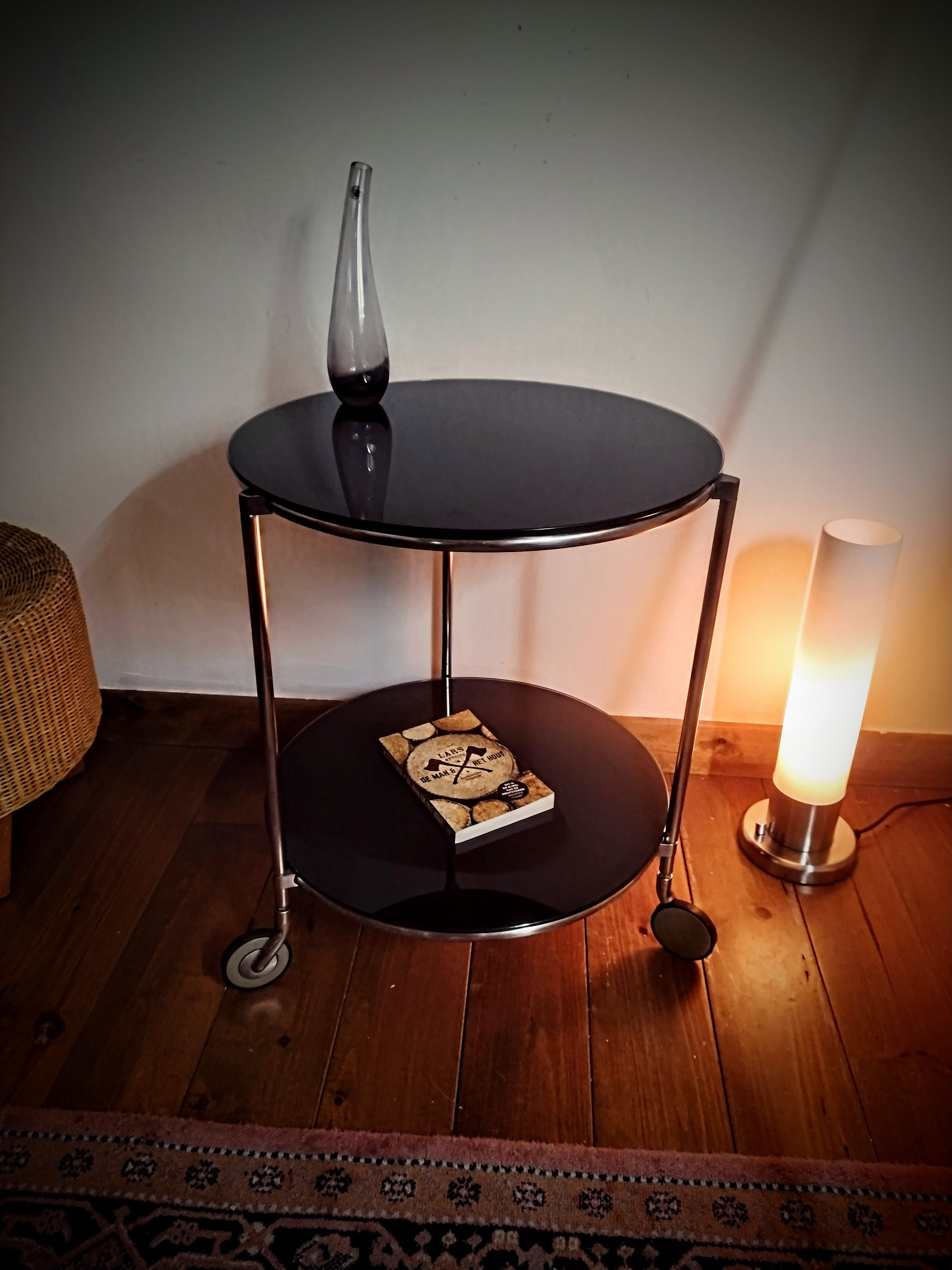 ヴィンテージIKEA STRIND BLACK ガラスと金属のローリングサイド