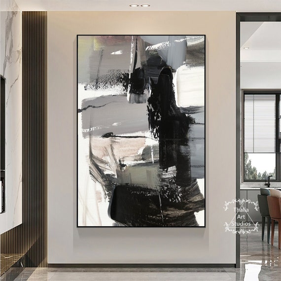大きなミニマリスト抽象画、黒キャンバス抽象画、黒グレー抽象壁アート