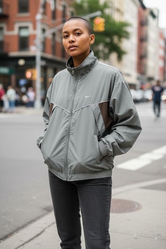 Y2K Nike Windbreaker Jacket, Embroidered Swoosh, Gray Olive Green