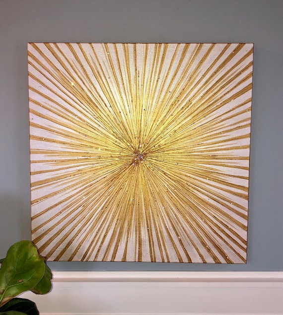 Gold Sunburst Canvas Wall Art With Swarovski Crystal, Modern