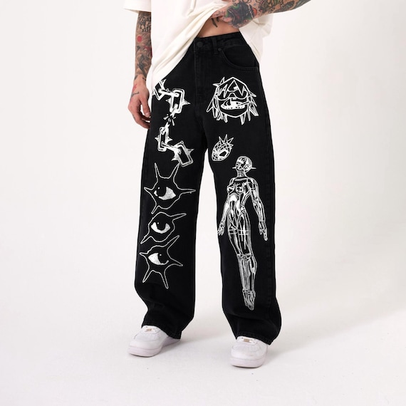 Hand Painted Y2K Grunge Jeans: Black Baggy, Wide-leg Denim - Etsy
