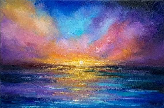 キャンバスに描かれた夕焼けの海景油絵（8x12インチ） - Etsy 日本