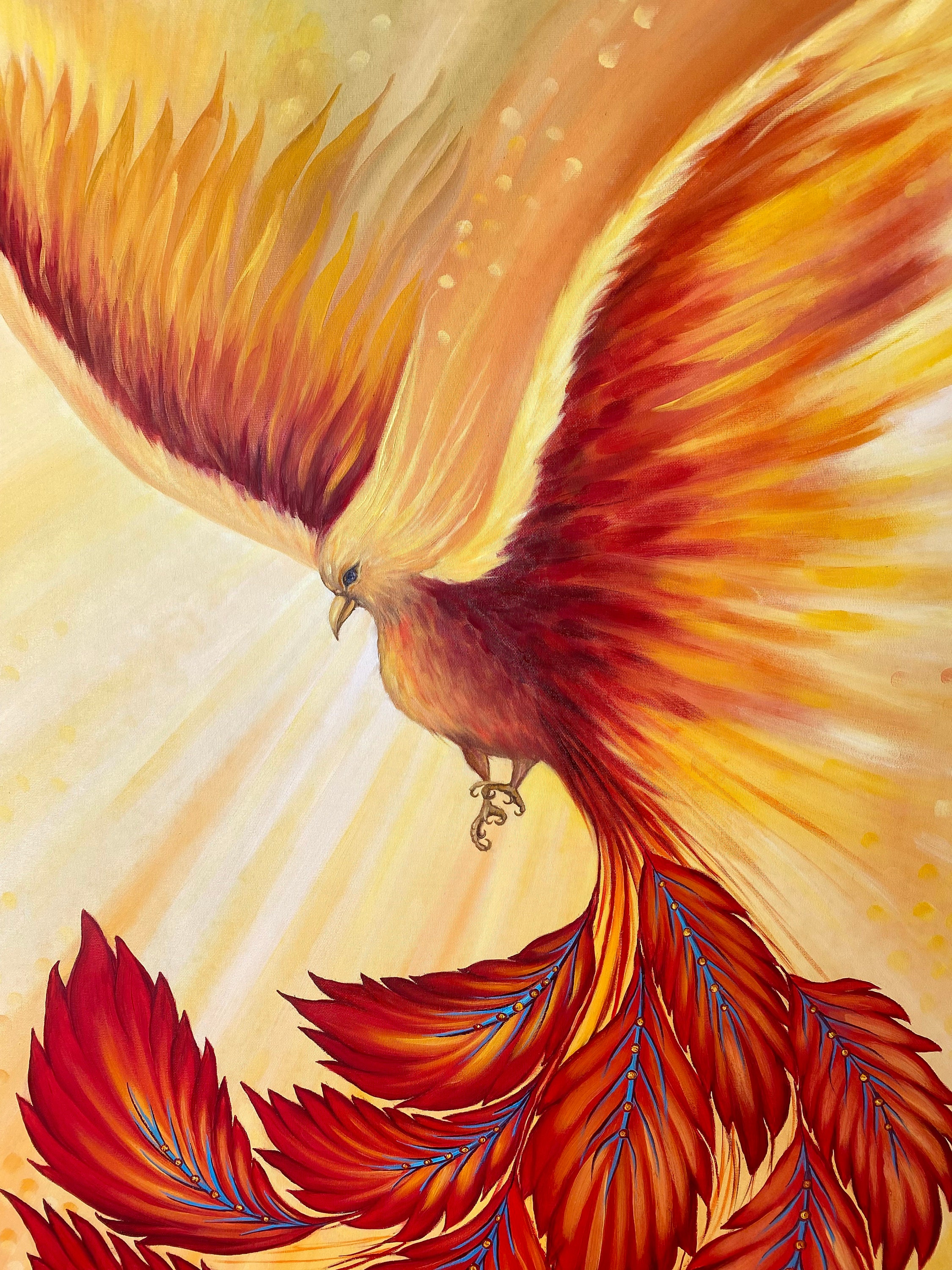 オリジナルフェニックス油絵：火の鳥インパストアート（35.5x23.5
