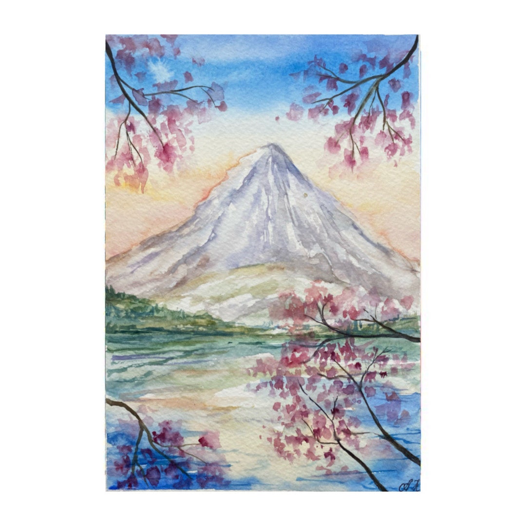 富士山の水彩画：日本の桜のアート（8x6インチ） - Etsy 日本