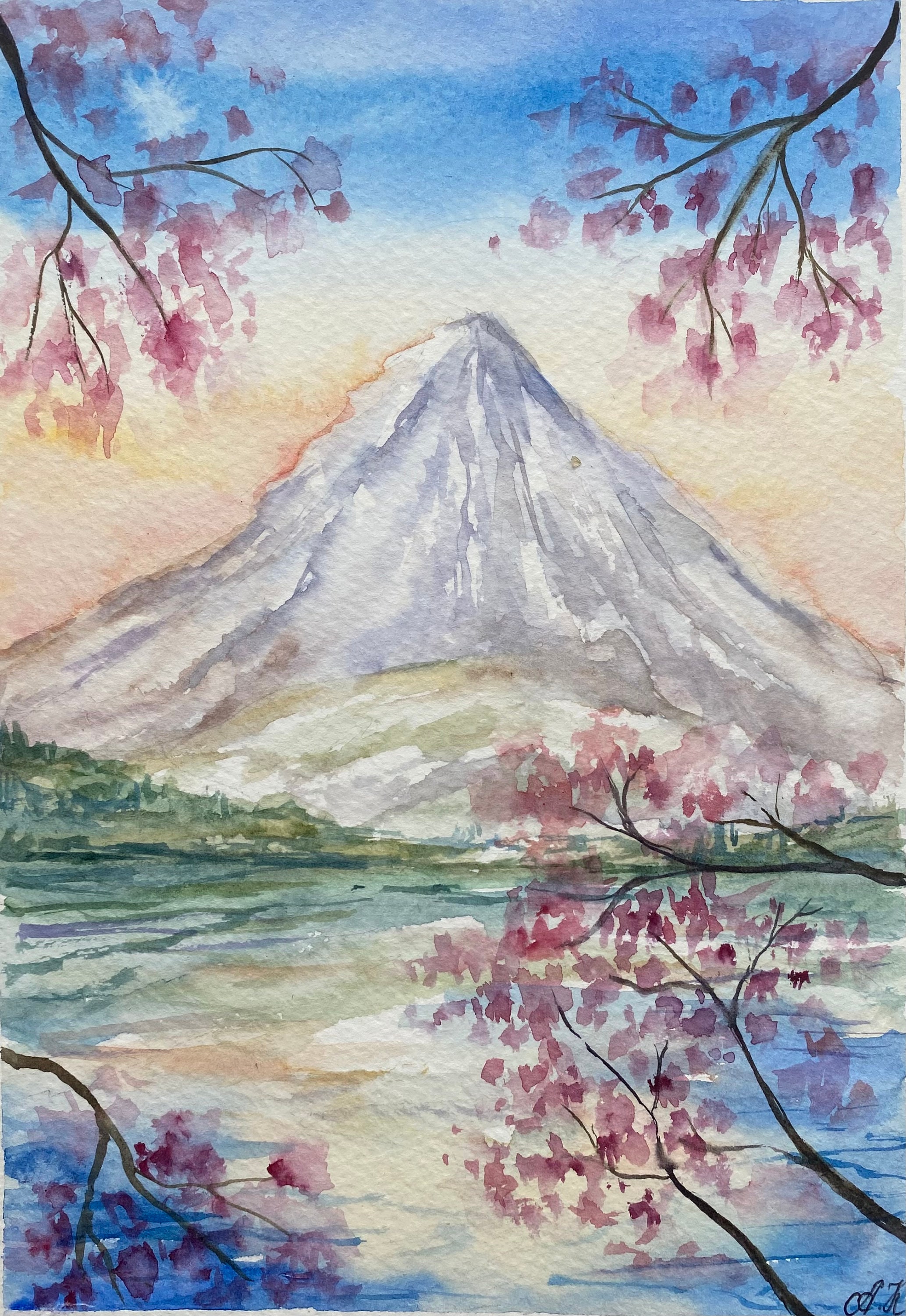 富士山の水彩画：日本の桜のアート（8x6インチ） - Etsy 日本