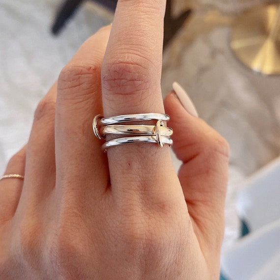 Two-tone Connected Rings: 14KGF Gold and Sterling Silver Stacking