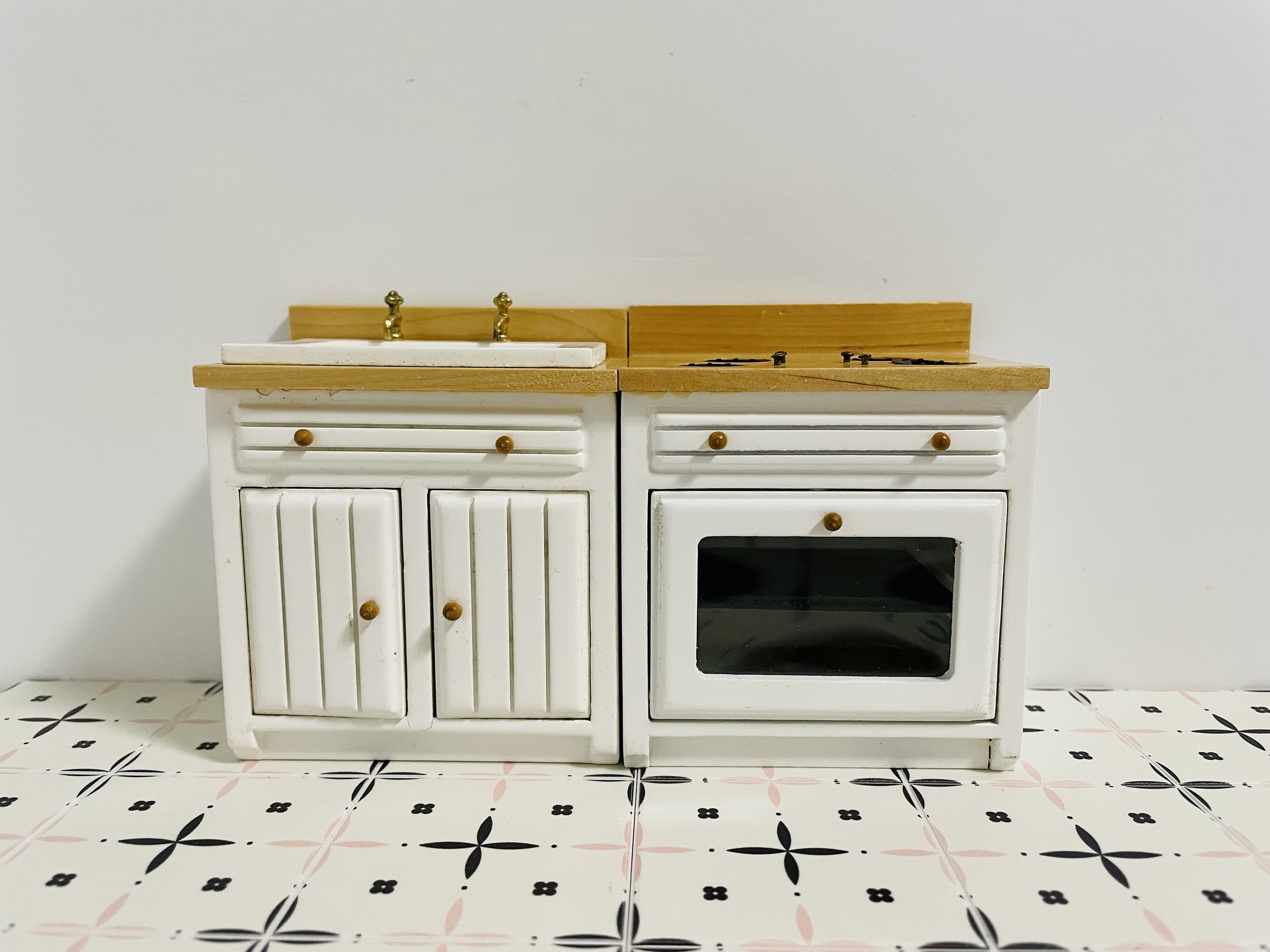 1:12スケールのミニチュアキッチンシンク＆コンロセット、ドールハウス