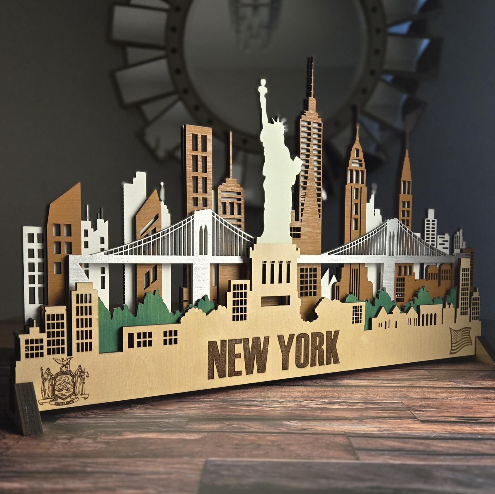3D Wooden New York City Skyline Wall Art: Sculptures LED Backlight