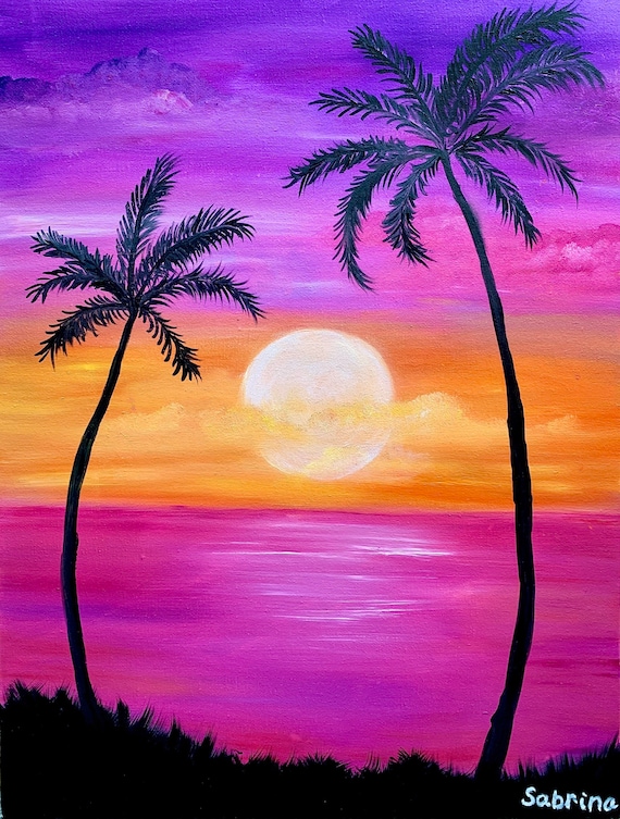 ピンク紫の夕日とヤシの木の油絵、キャンバス、海の絵、熱帯の絵