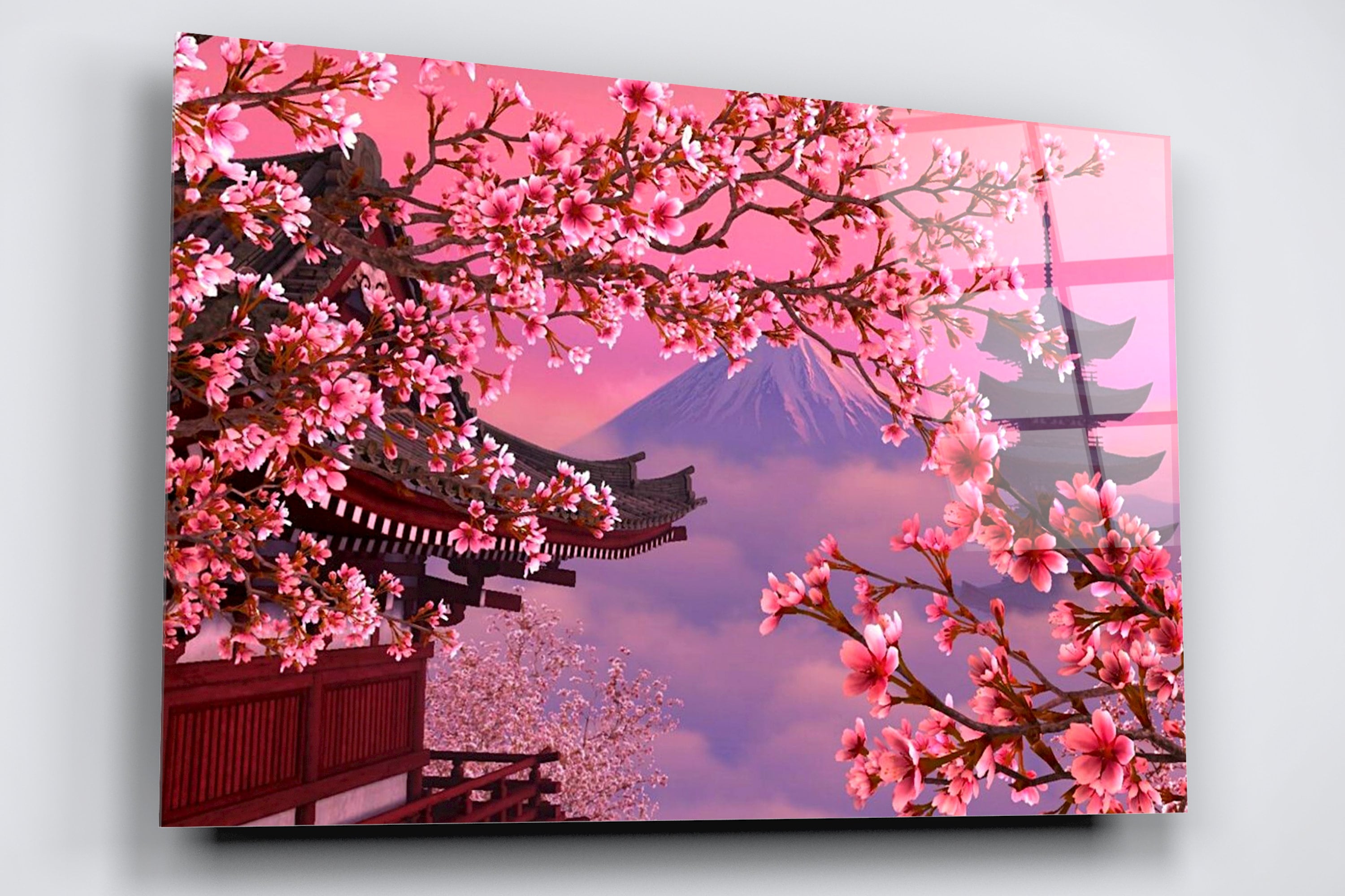 Cherry Blossom Mount Fuji Acrylic Glass Wall Art: Japan Floral