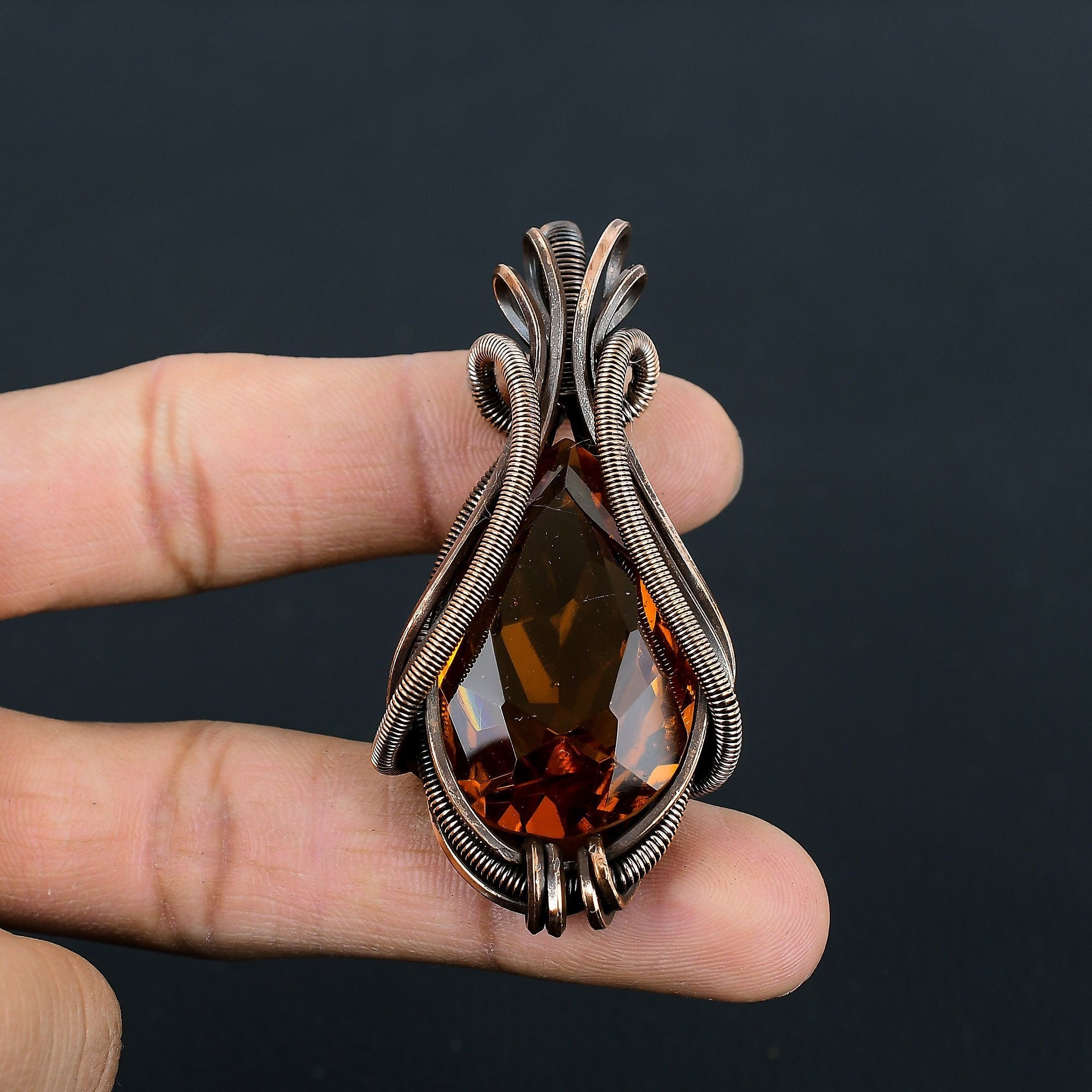 シトリンペンダント、純銅線で巻かれたペンダント、シトリン宝石