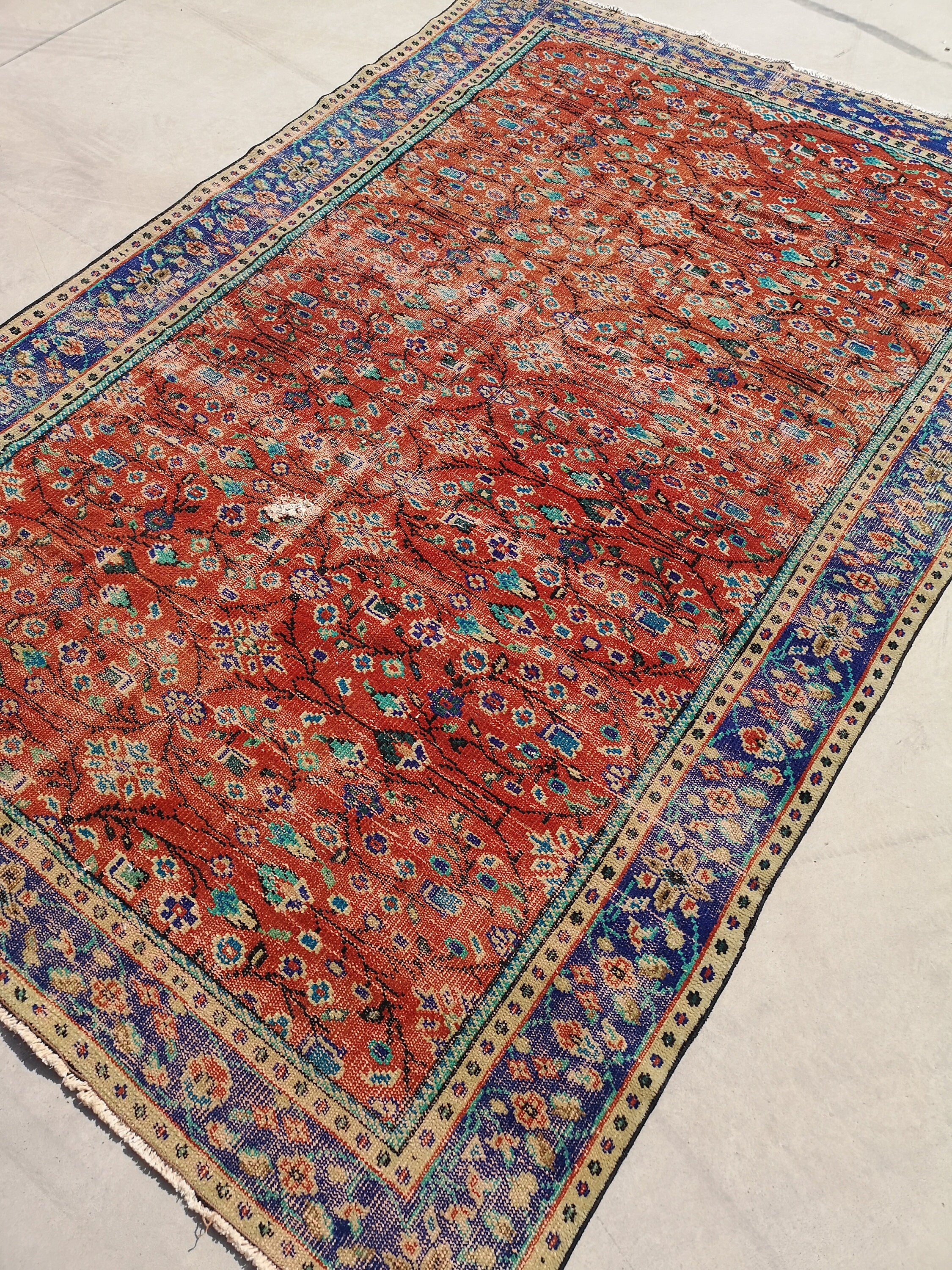 オレンジトルコ製ヴィンテージラグ、5.9 x 8.9フィート、ブルー