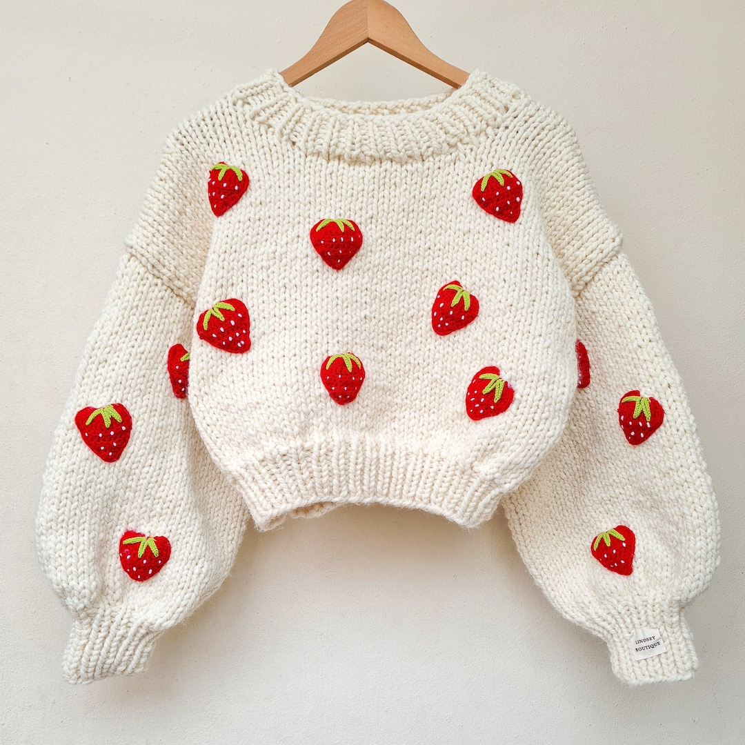 Strawberry Cardigan, Handmade Chunky Knit Kawaii Harajuku Sweater