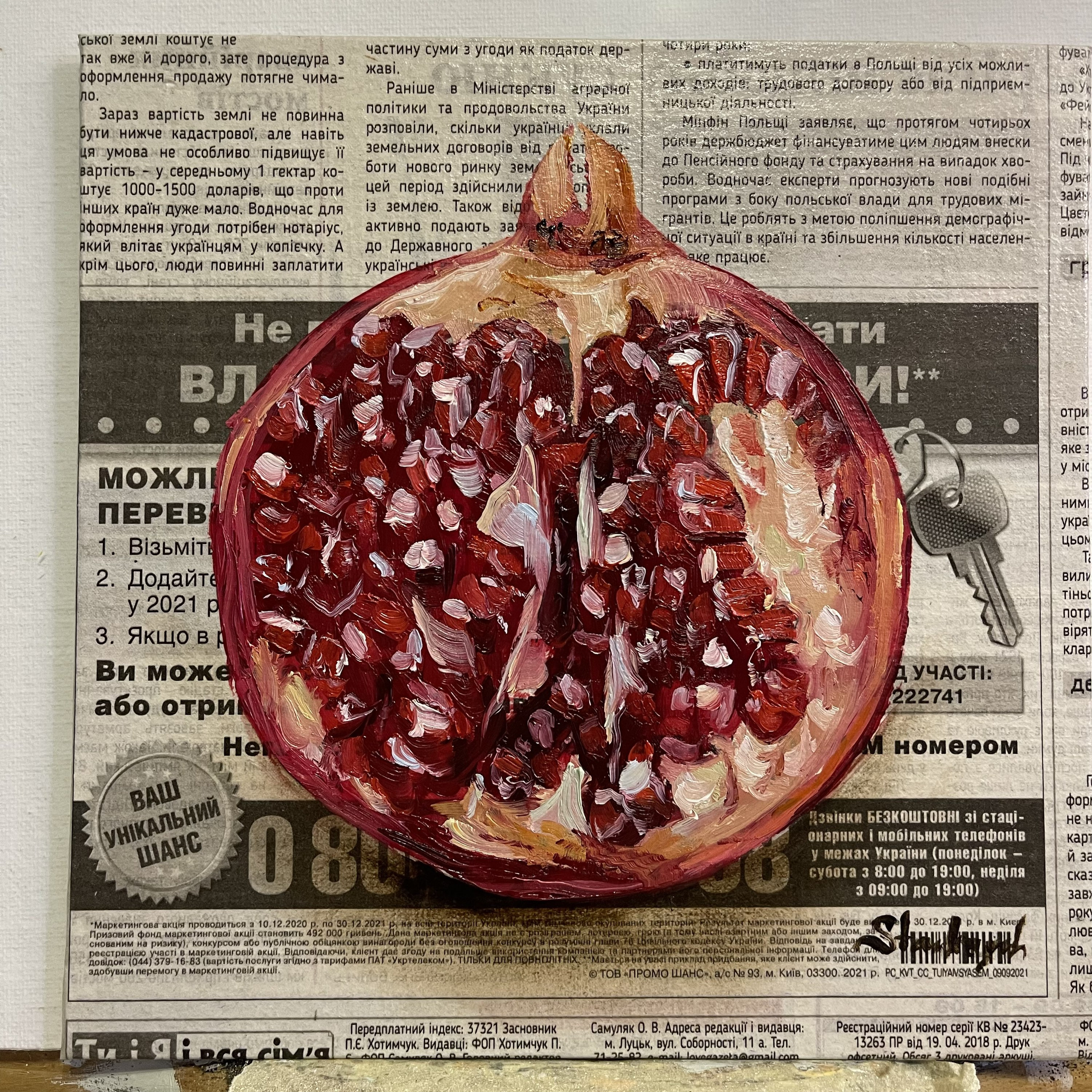 ザクロアート フルーツの絵画 オリジナル油絵 フルーツの壁画 新聞