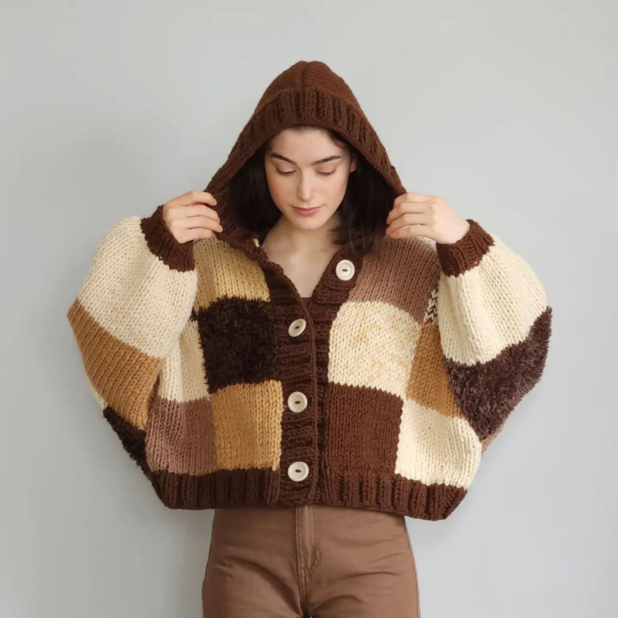 Hooded Dark Chocolate Patchwork Cardigan - Etsy Canada