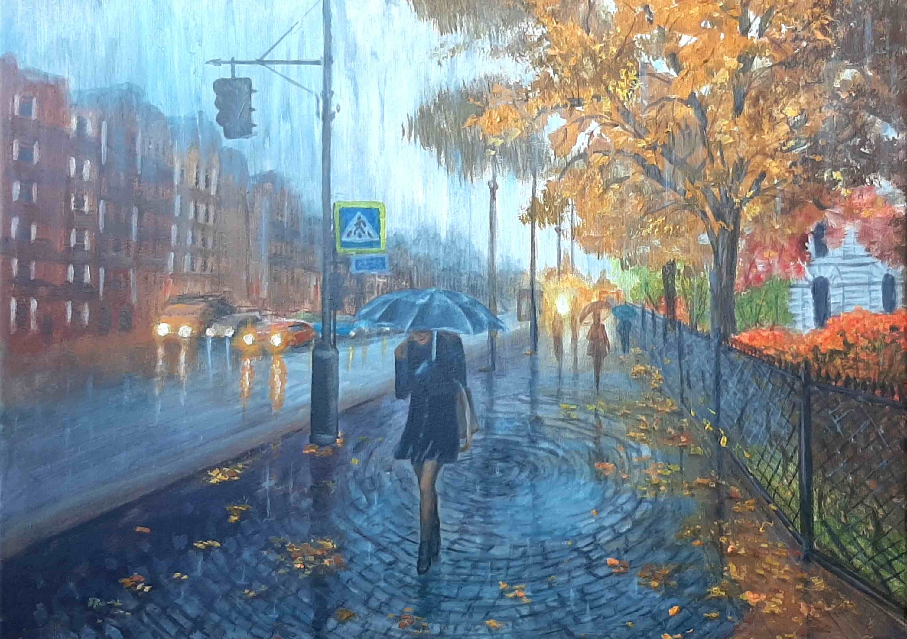 雨の日の都市風景画：オリジナルアクリルキャンバスアート（16x20