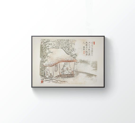 ヴィンテージの日本の水墨画：江戸時代の竹堂図（即時ダウンロード