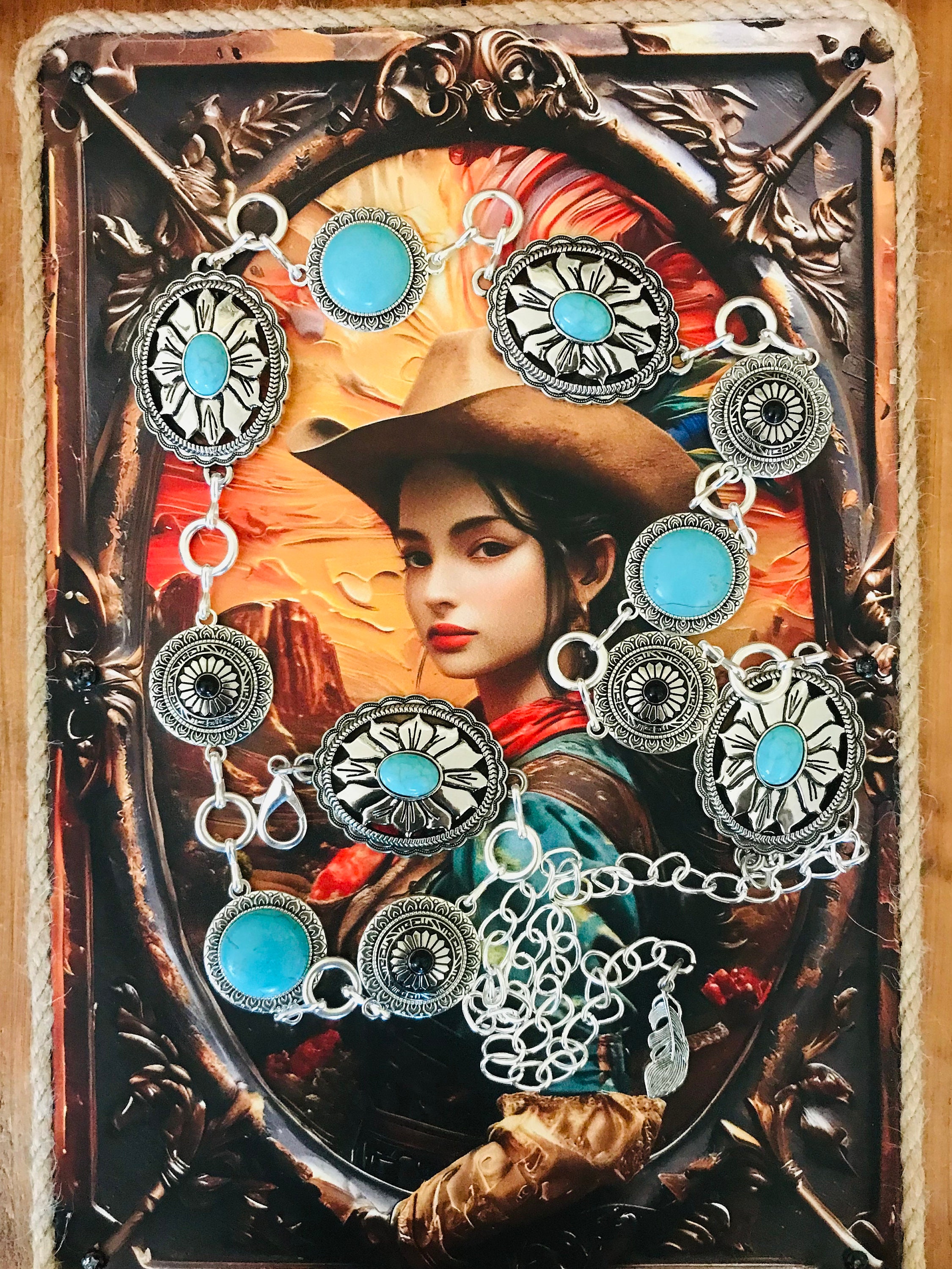 シルバーコンチョベルト：ターコイズウエスタンチェーンベルト、サイズ