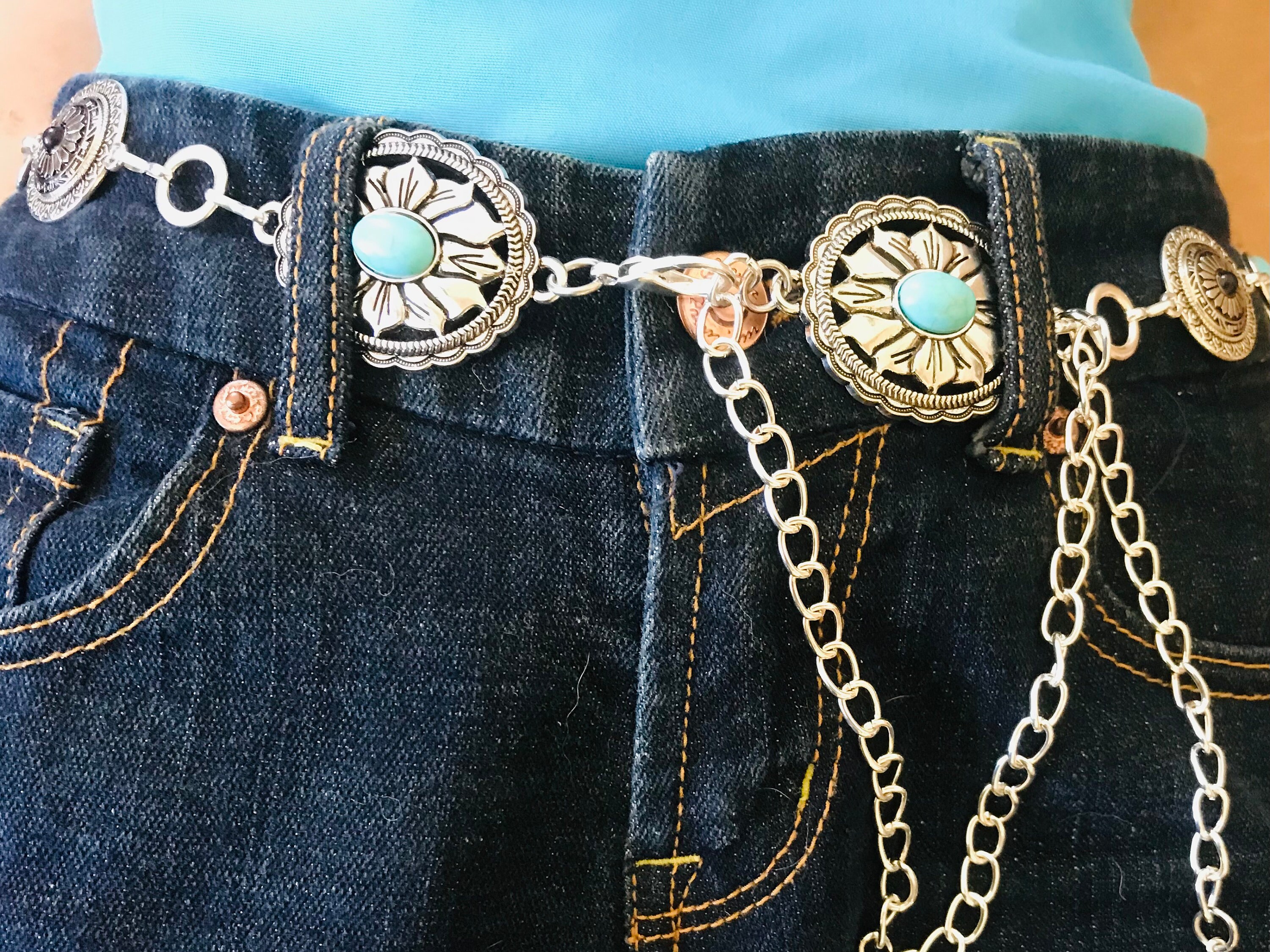 シルバーコンチョベルト：ターコイズウエスタンチェーンベルト、サイズ