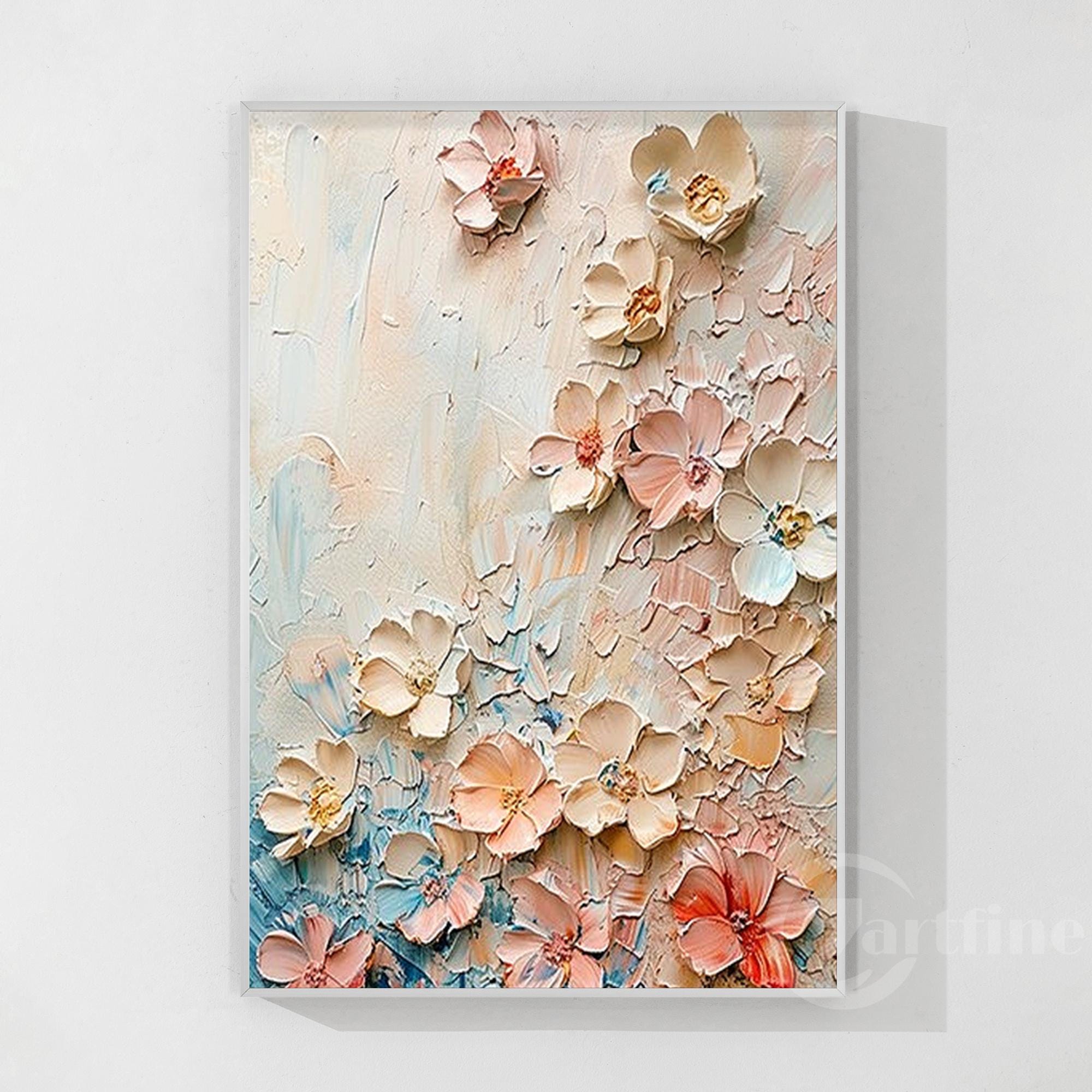 咲き誇るピンクの花の抽象画 テクスチャ加工 特大 3D 花柄 キャンバス