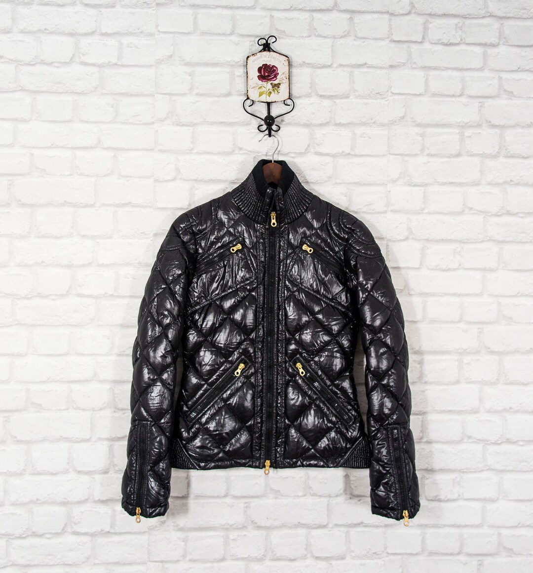 DUVETICA Goose Down Diamond Womens Jacket Coat Black Branded Gold