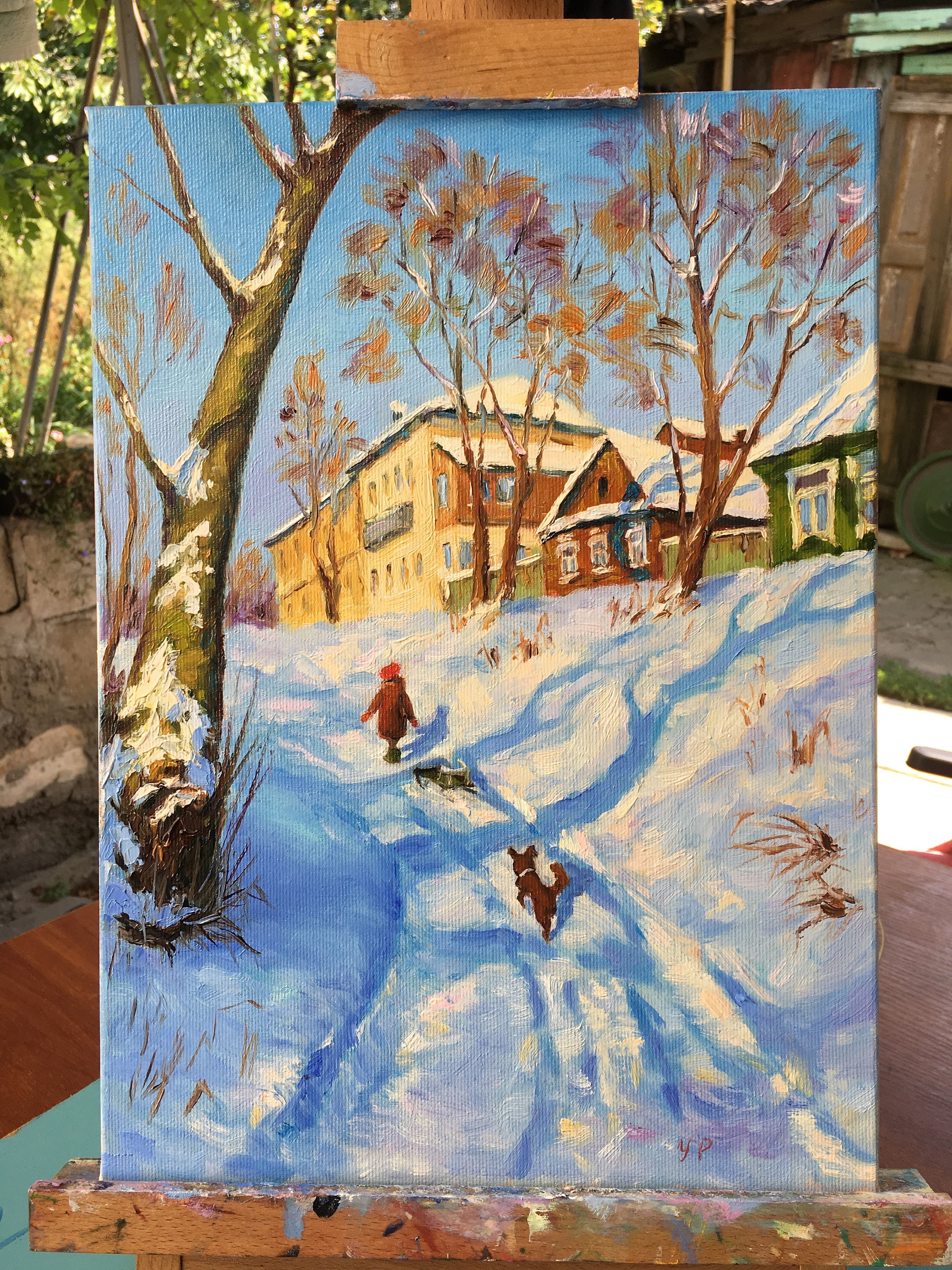 子供たちと冬の風景 オリジナル油絵 ロシアの風景 冬の印象派の風景 雪