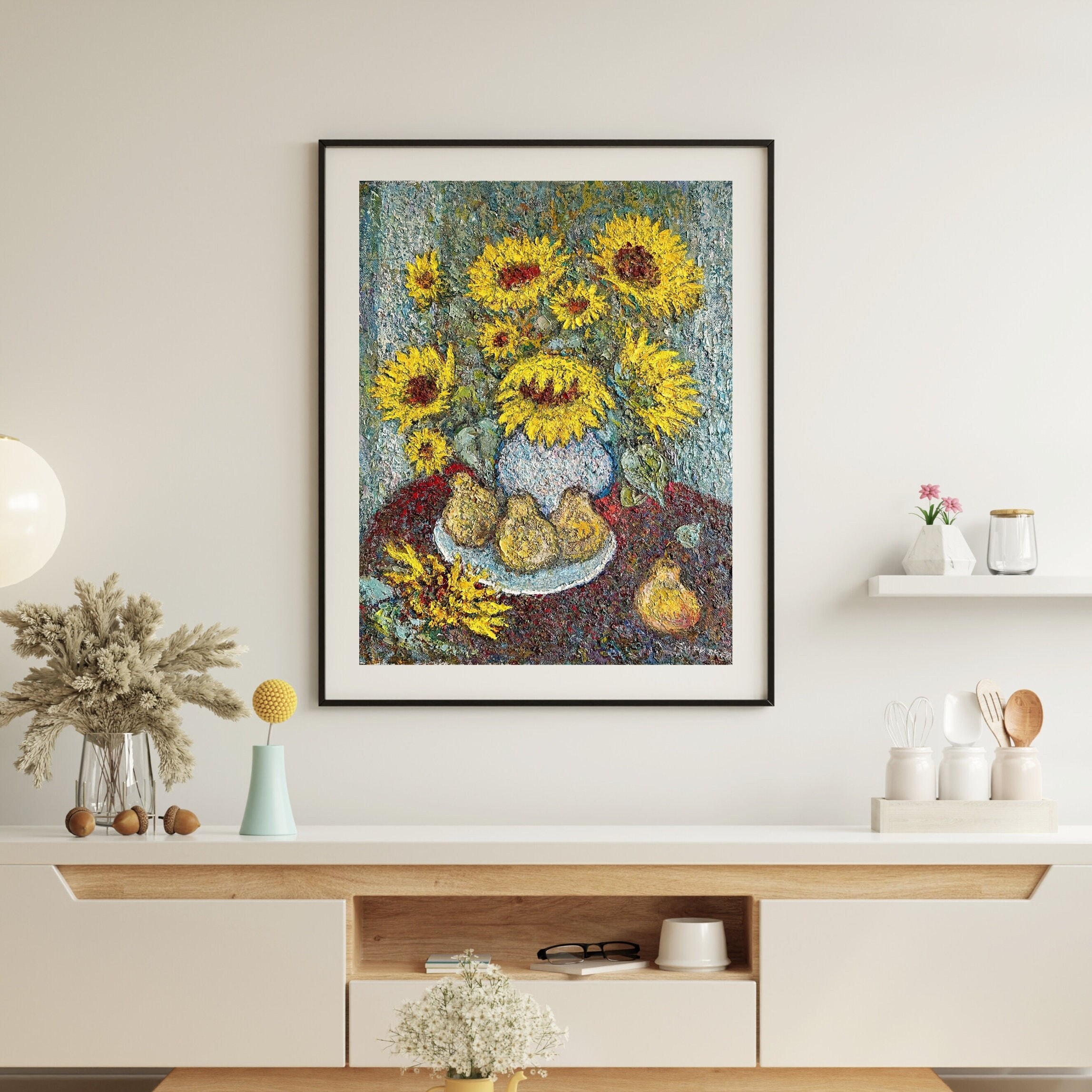 オリジナル絵画、油絵、印象派、静物画、果物と花、ひまわりと梨