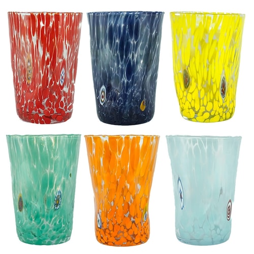 大型ムラーノガラス花瓶 ライトブルー マルチミルフィオリ 22 cm