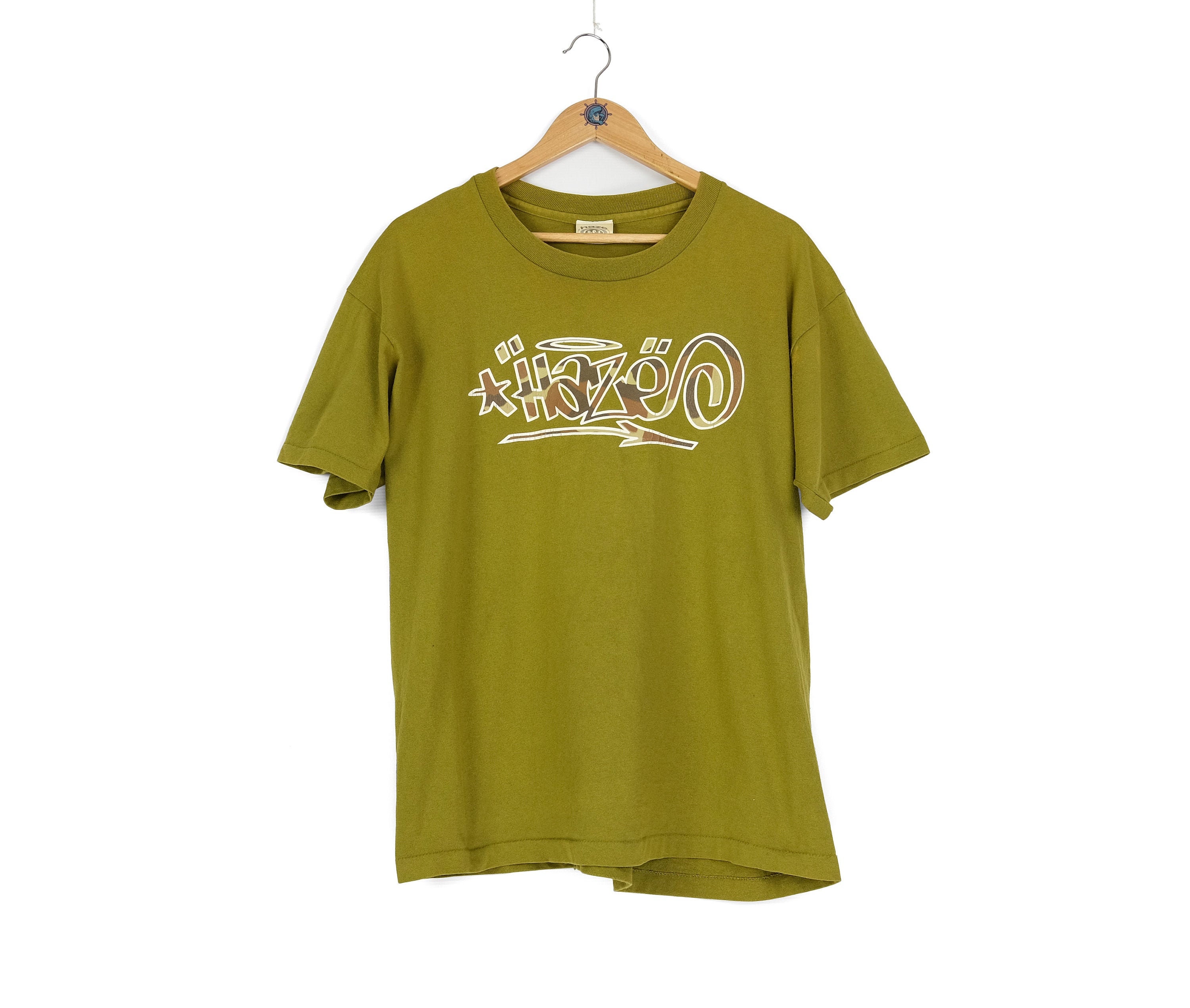 90s Rare Vintage Men's ERIC HAZE Graphics Big Logo Green Khaki T