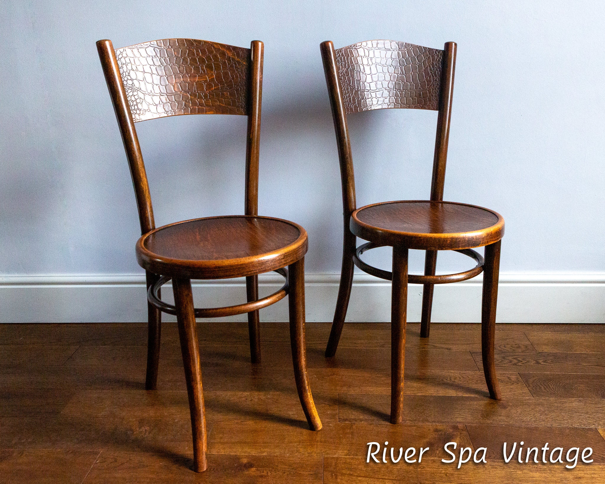 Pair of Antique Mundus Crocodile Bentwood Bistro Chairs, Art