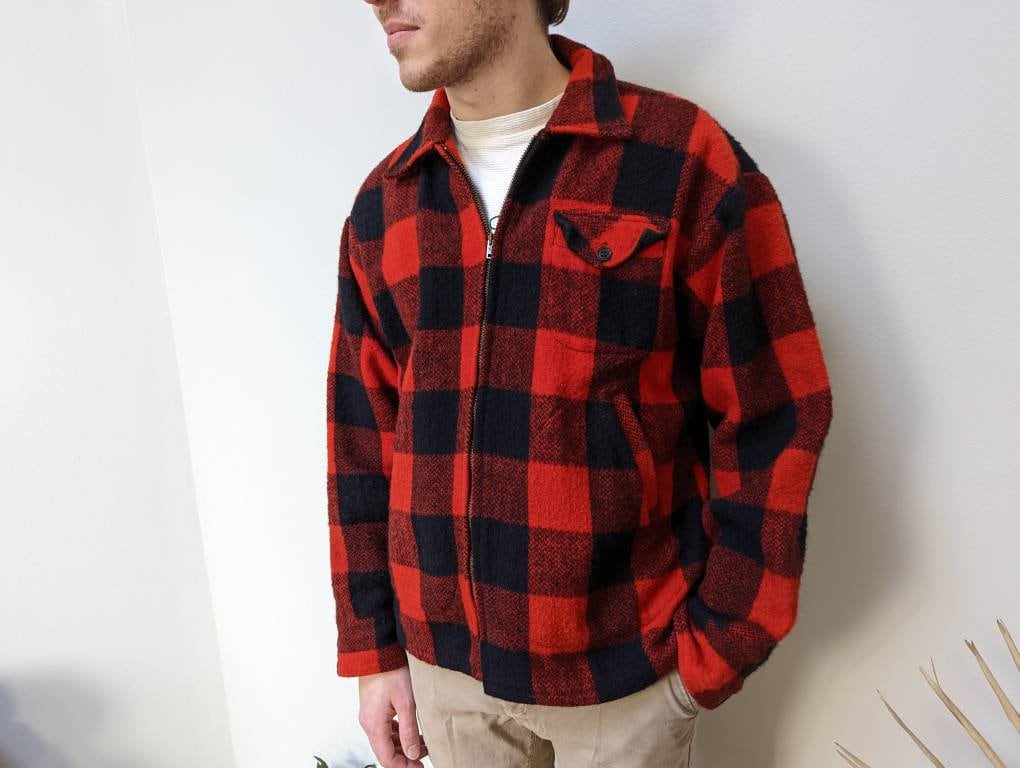 Vintage 50s/60s Buffalo Plaid Wool Jacket, Red & Black Checkered