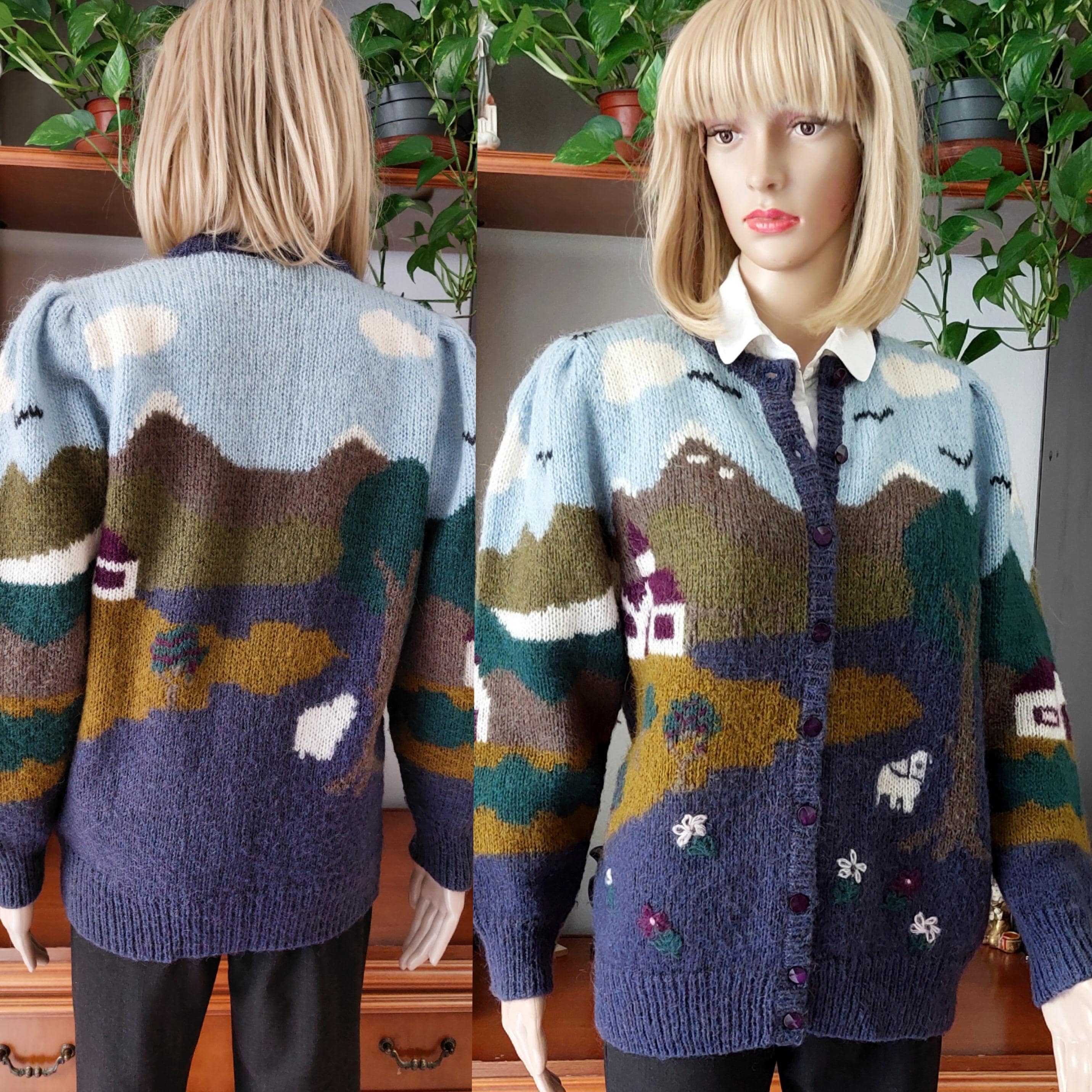 Vintage Hand-knitted Wool Blend Cardigan for Women/landscape