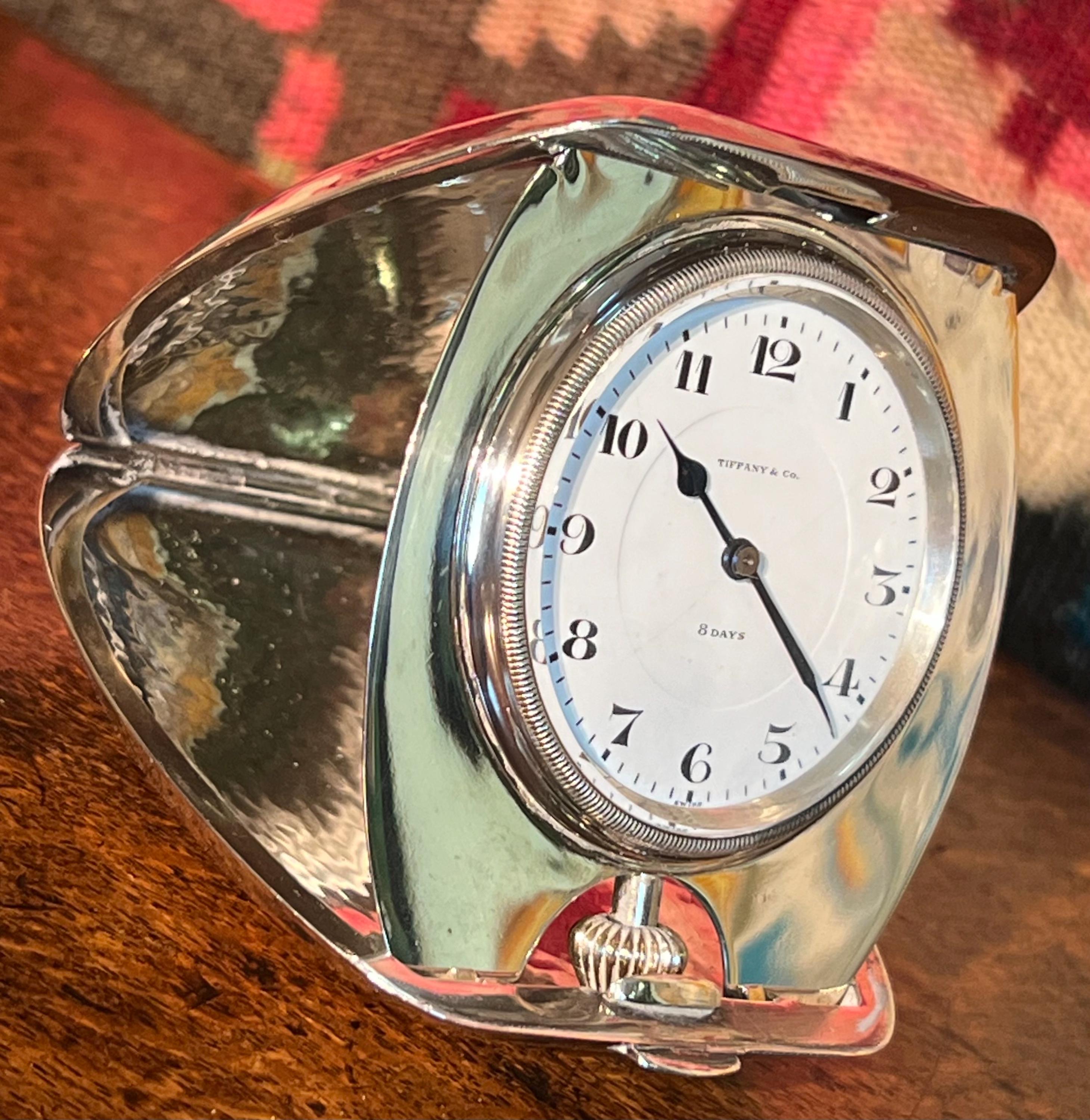 Tiffany & Co. 8-day Travel Clock, Sterling Silver Clamshell Travel