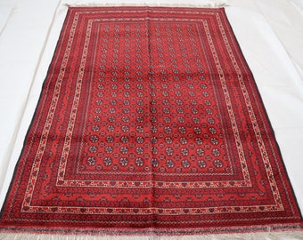 トルクメン ブハラ ラグ 4 x 7 フィート、手織りの赤いエリア ラグ