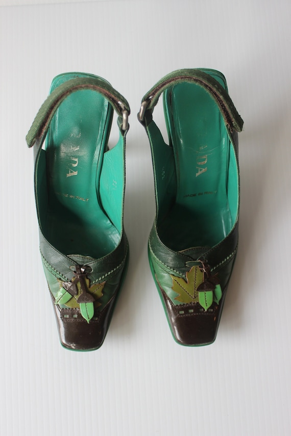 PRADA Forest Green Leather Heels With Leaf& Acorn F/W 1999 | SIZE