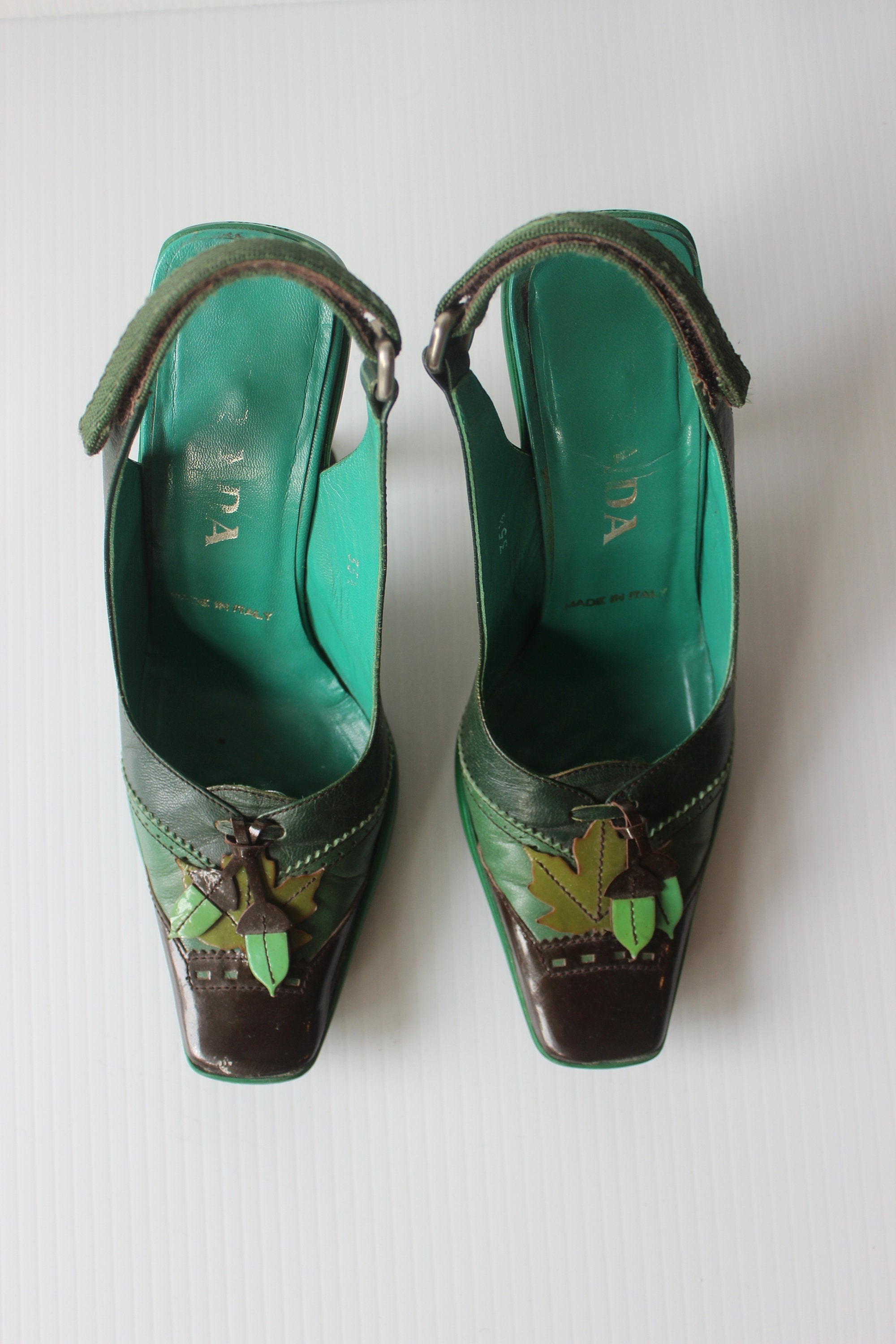 PRADA Forest Green Leather Heels With Leaf& Acorn F/W 1999 | SIZE