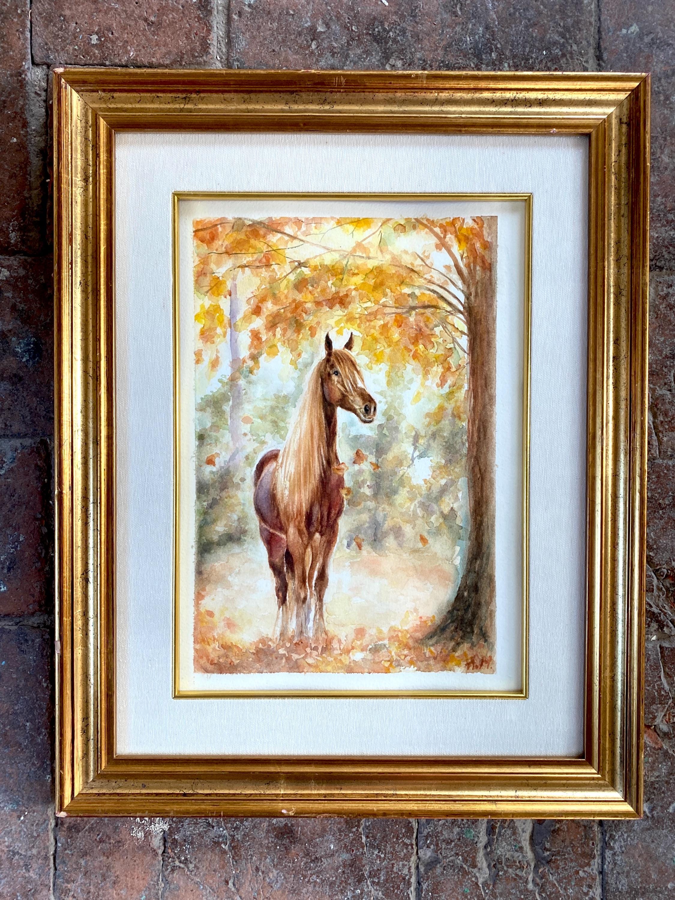 オリジナルの水彩画「馬の絵画」：秋の風景画 - Etsy 日本