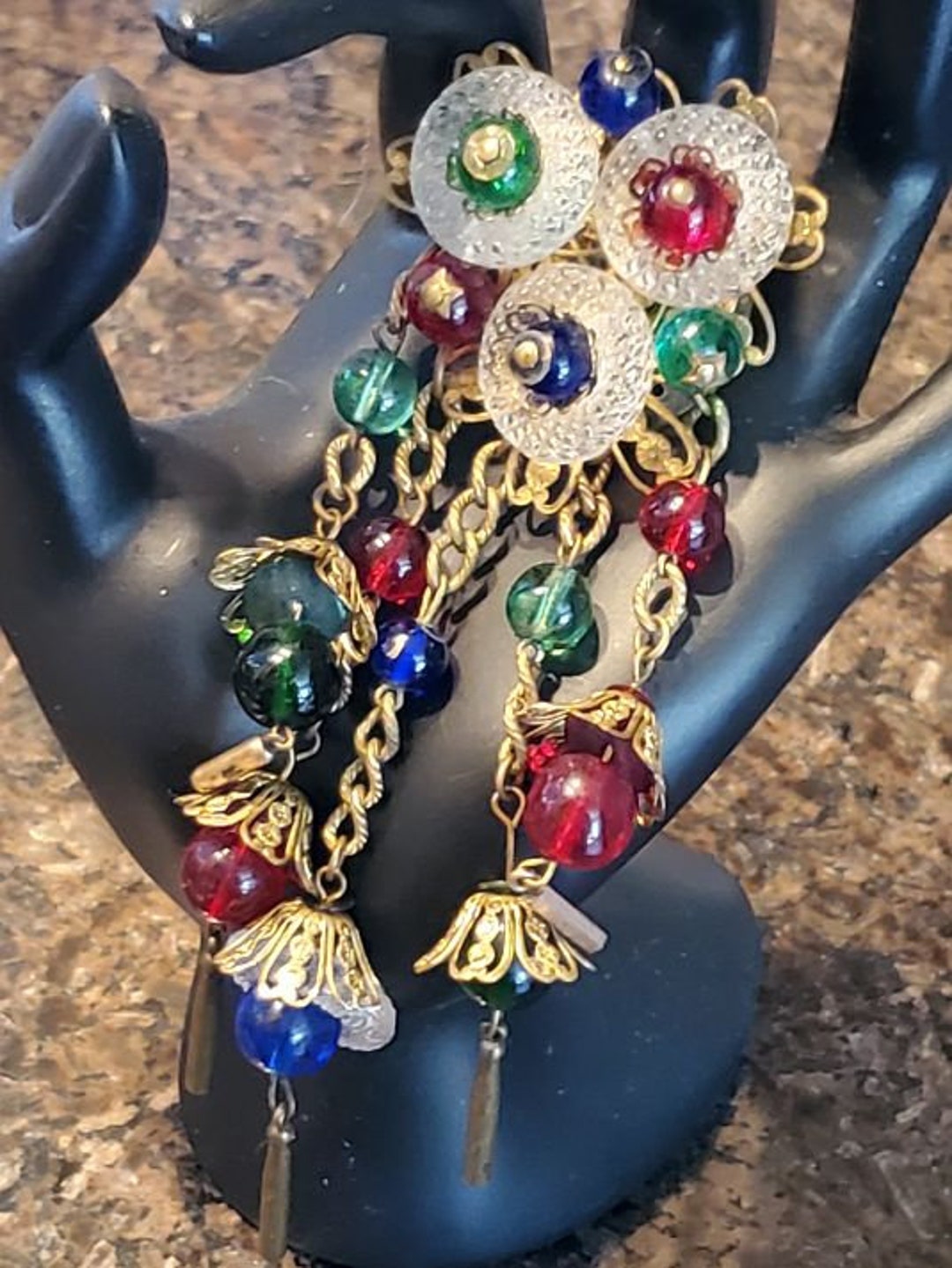 Miriam Haskell Brooch, Dangling Gripoix Glass Beads With Crystal