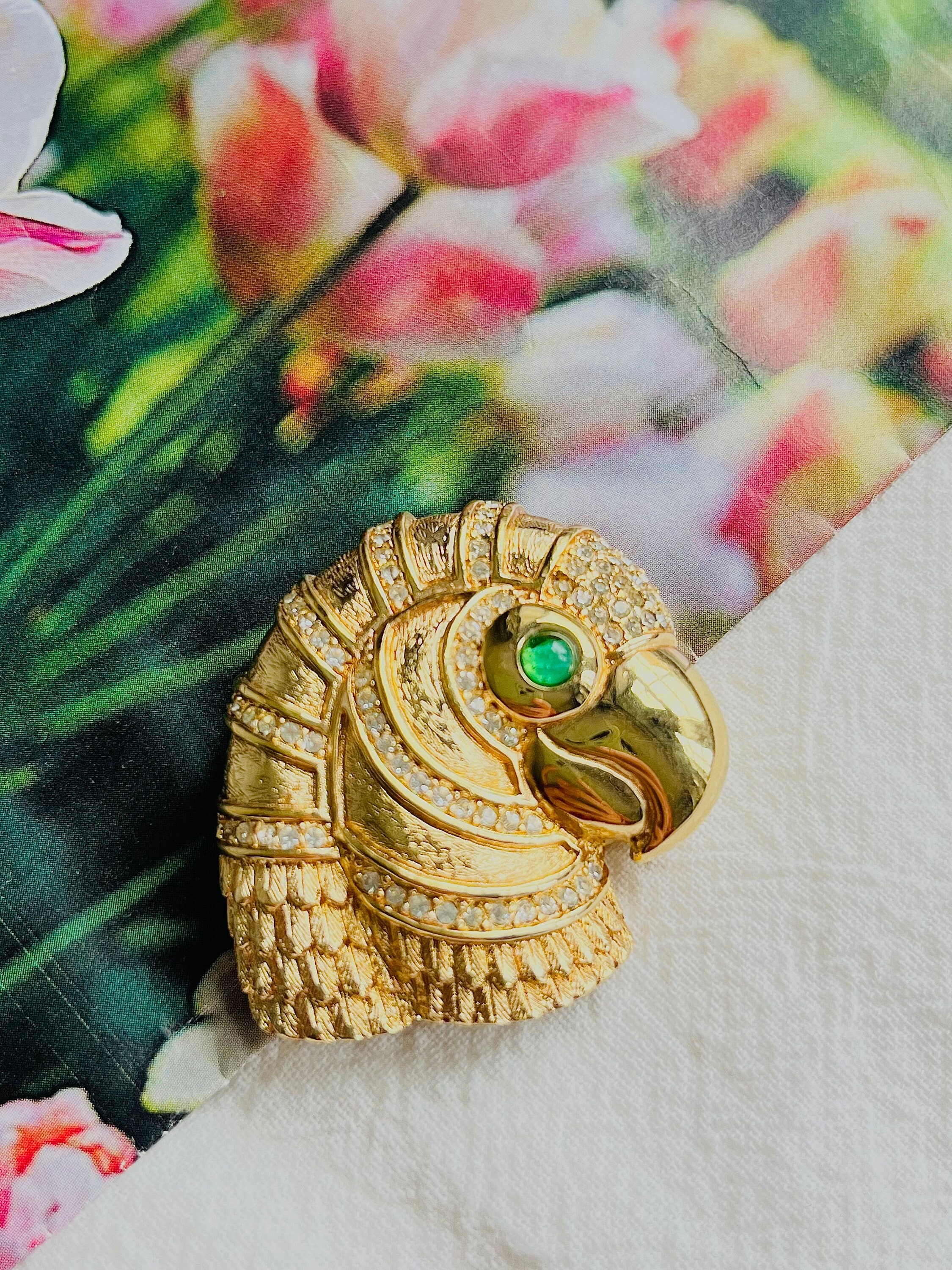 Christian Dior 1980s Vintage Gripoix Emerald Eye Parrot Bird Head