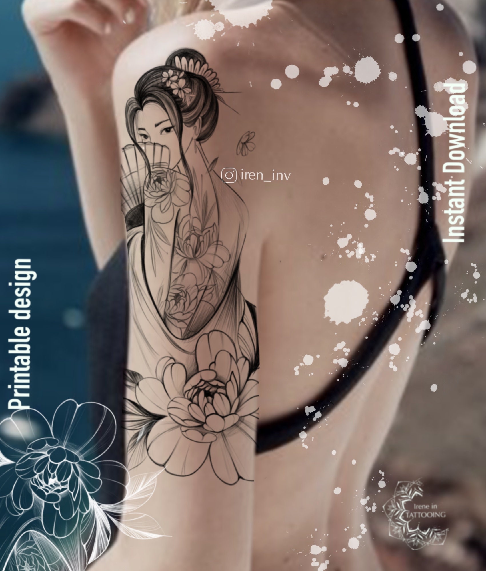 Tattoo Design | Instant Download | Japanese Girl With Peony