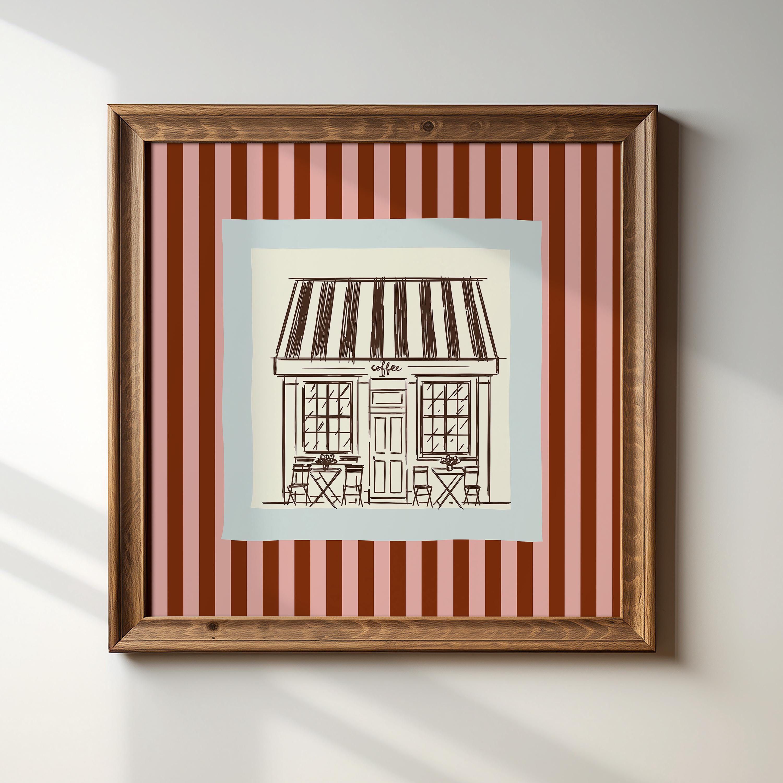 マルーンとピンクのストライプ柄コーヒーショップスクエアプリント