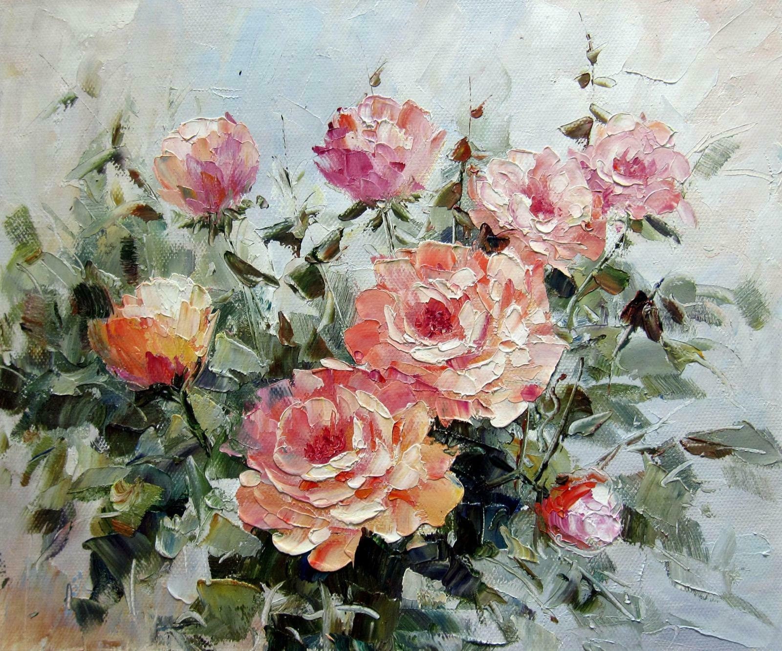 静物画 ピンクの花 油絵 キャンバス / 静物画 バラ 油絵 キャンバス