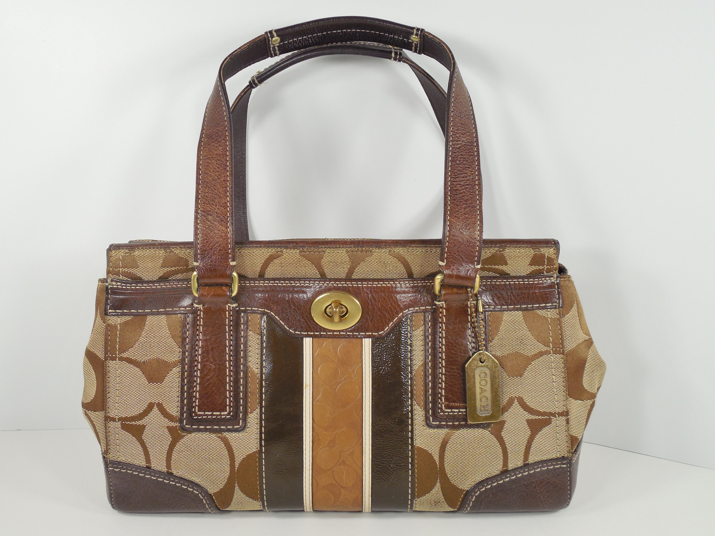 Coach Brown Leather Signature Canvas Hamptons Bag Purse Handbag