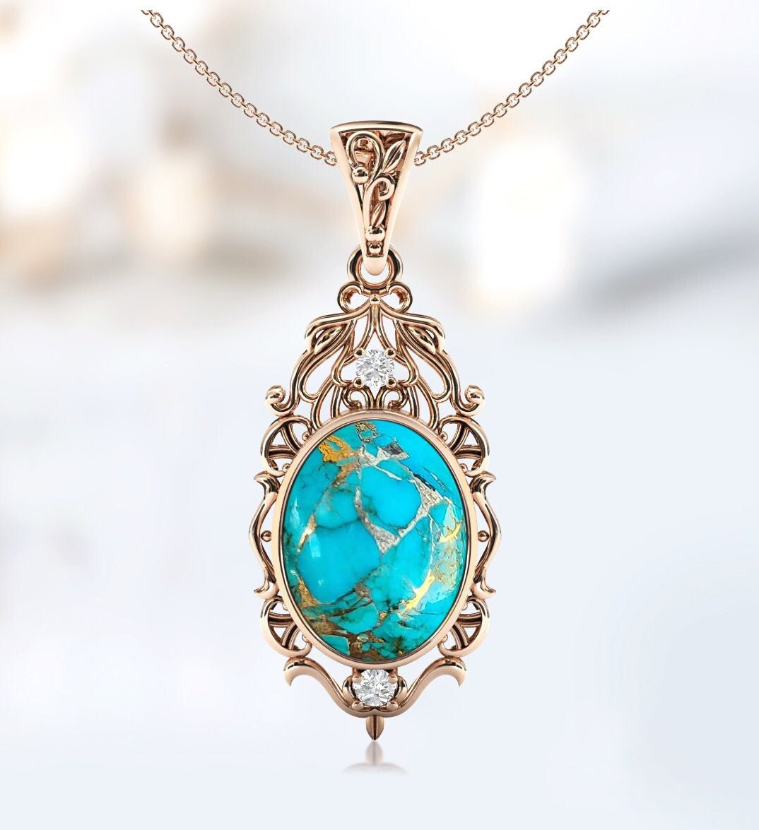 ブルー銅ターコイズペンダント、925スターリングシルバーフィリグリー