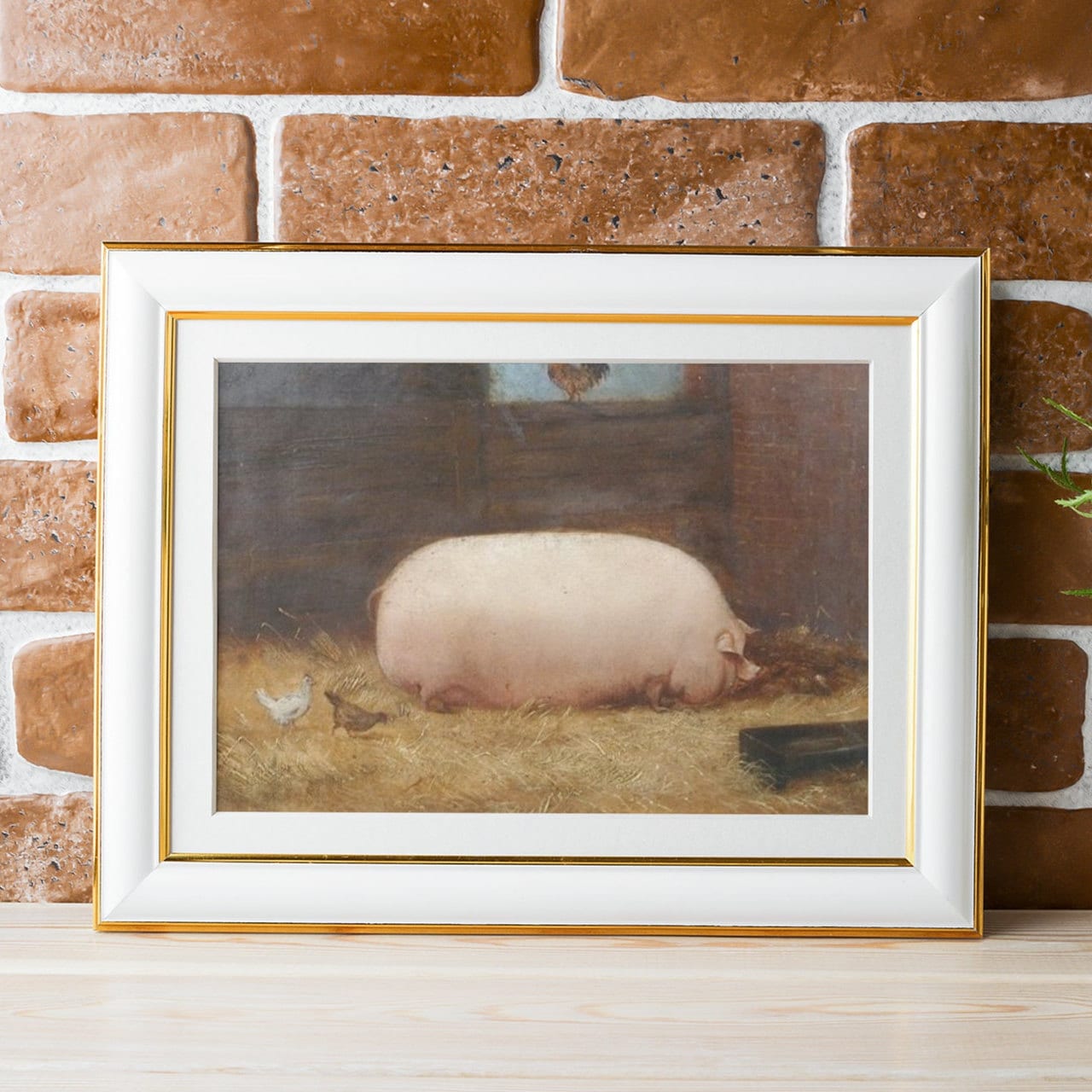 賞品の豚 19世紀フォークアート油絵複製画、納屋にいる白いぽっちゃり