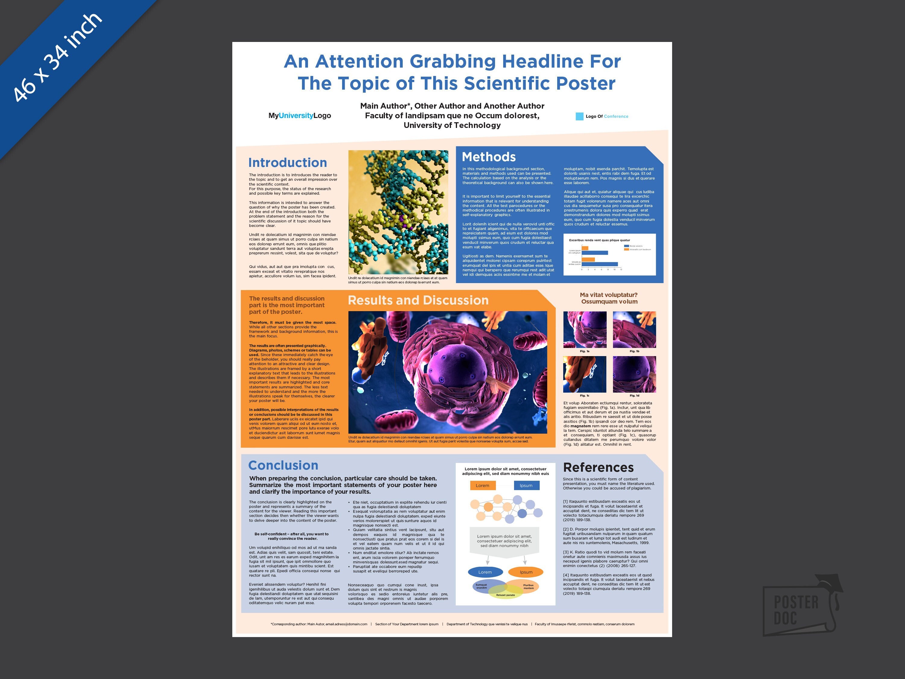Scientific Powerpoint Poster Template - 46 X 34 Inch - Orange/blue